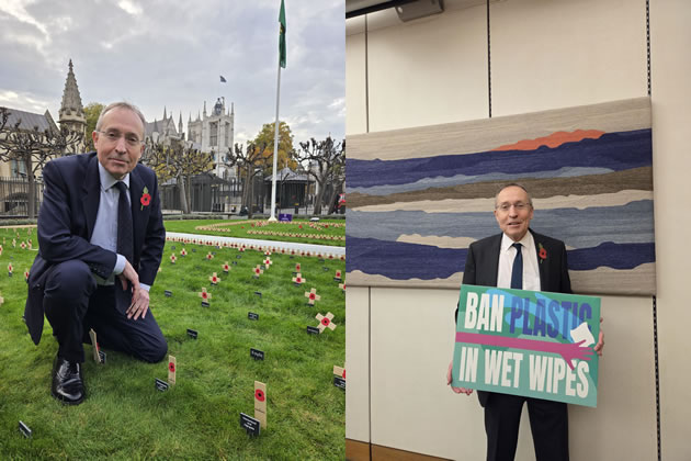 Andy Slaughter MP in the Westminster Garden of Remembrance (left) and campaigning to ban plastic wet wipes (right)