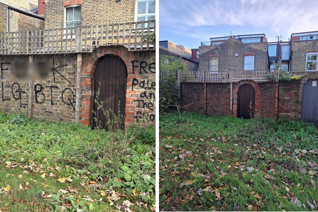 The graffiti at the site near Acton Lane before and after (offensive wording blurred) 