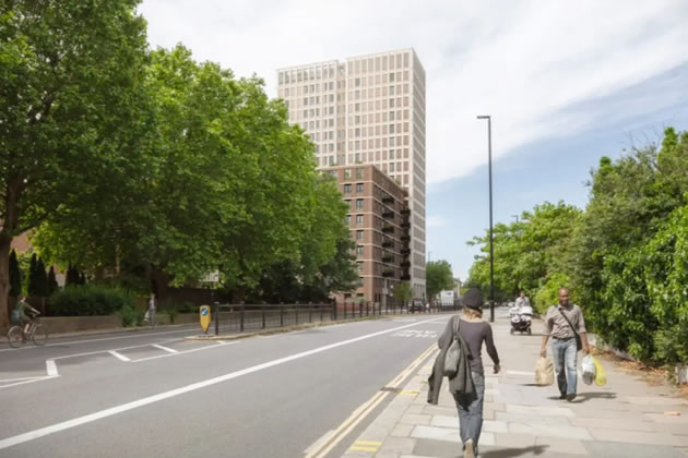 A visualisation of the tower looking west along Chiswick High Road