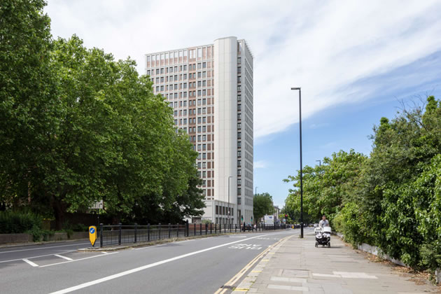 A visualisation of the reclad tower looking west along Chiswick High Road 