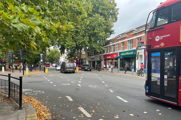 The cycleway would now be on the inside lane eastbound at the junction and the pedestrian refuge looks set to be removed 