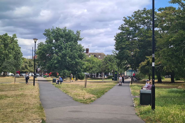 Views across Acton Green Common before and after the building of the centre from planning documents 
