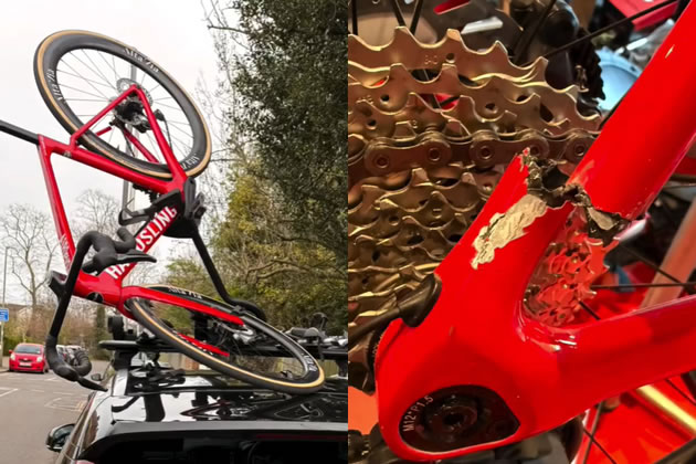 The remaining bike on the roof of the car and the damage done in the attempt to take it. Picture: JAKROO Handsling Racing