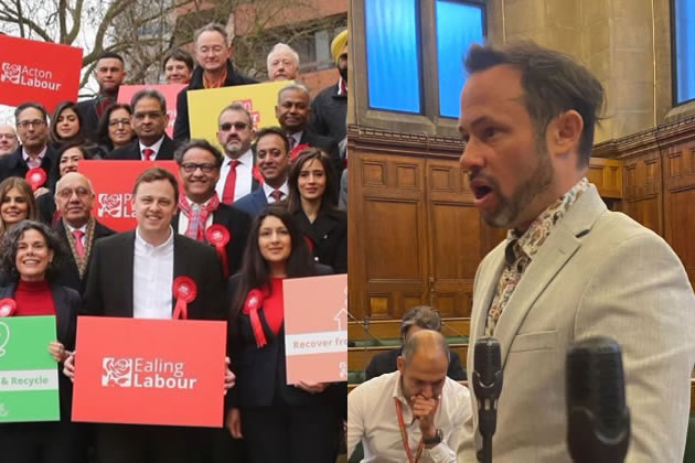 Peter Mason with party colleagues campaigning in the local election. Right: Gary Malcolm speaking in the council chambe