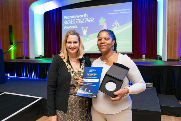 Winner of the Active Communities Award Orleen McIntosh with the Mayor of Wandsworth 